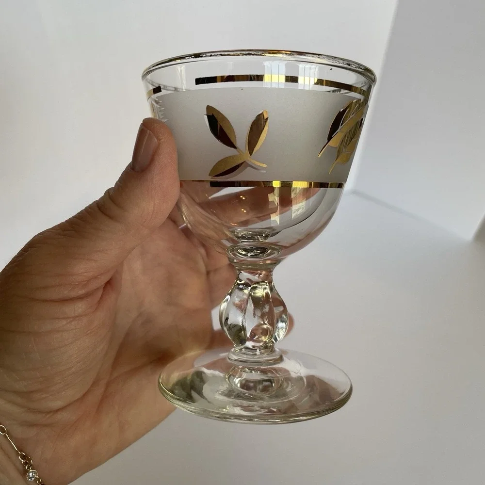 Vtg Frosted GOLD LEAF Sherbet Glass Set‎ of 2 Mid Century - 3 7/8